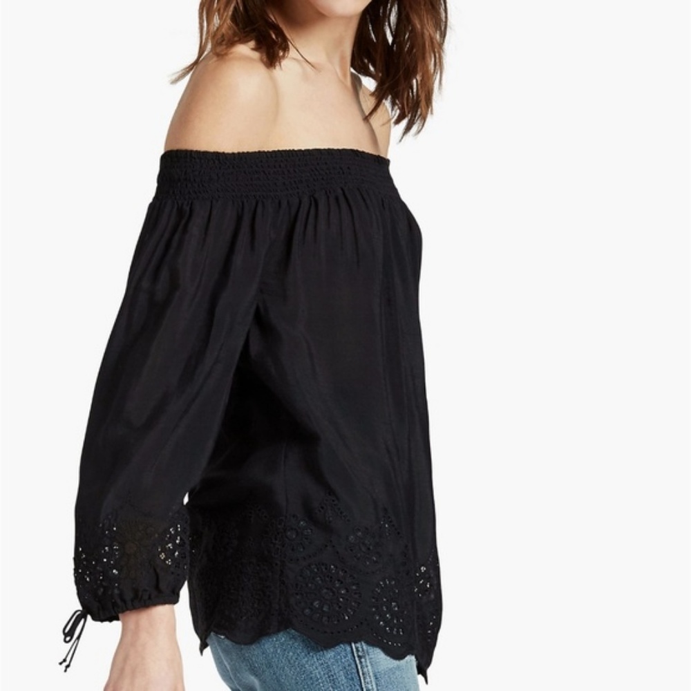Lucky Brand Black Off Shoulder Embroider Top, Sz L